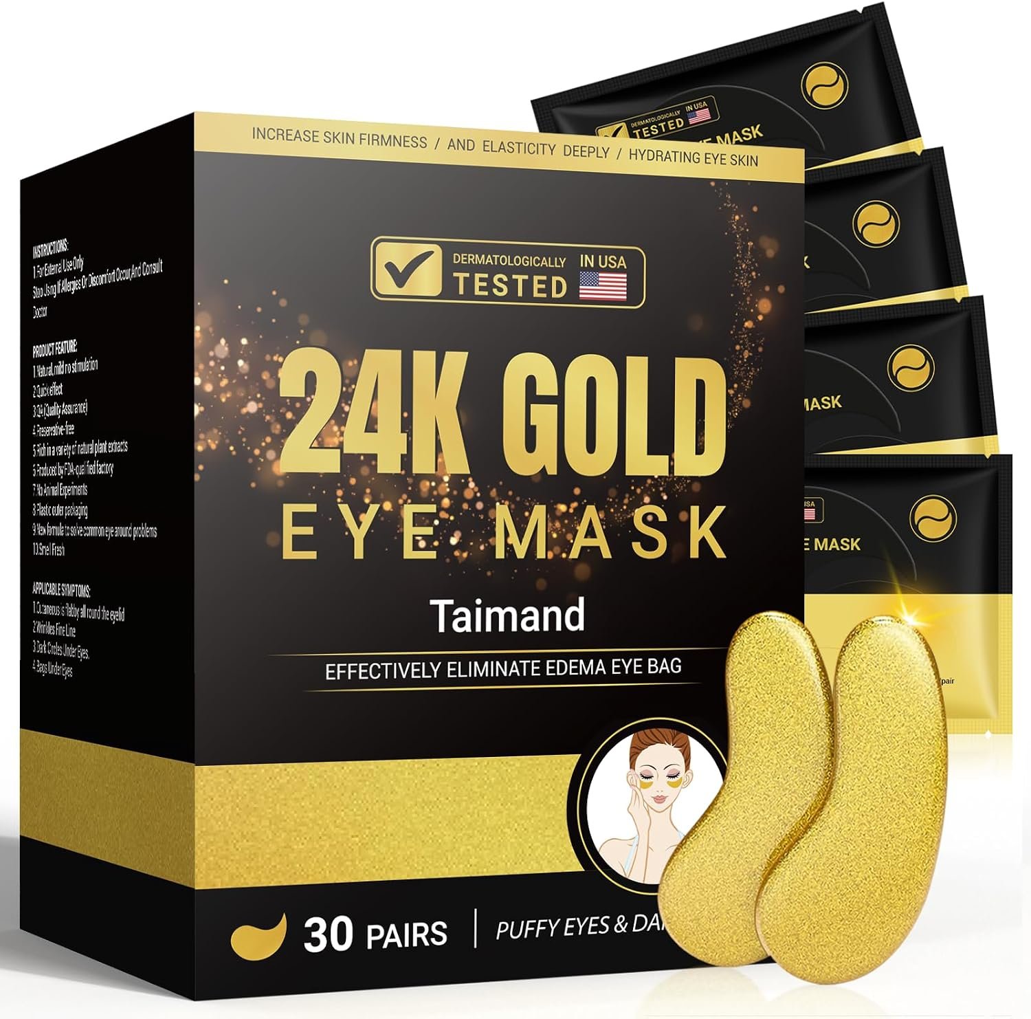 Taimand Under Eye Patches (30 Pairs), 24K Gold Eye Mask for Dark Circles